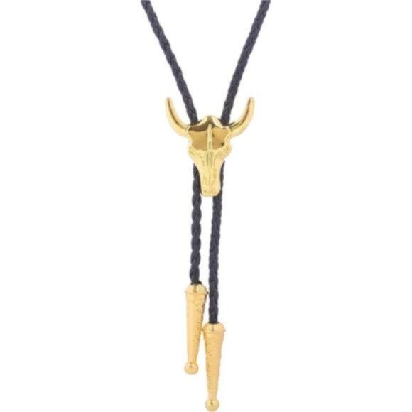 Native American Bolo Leather Necktie Black Gold - Picture 2 of 4